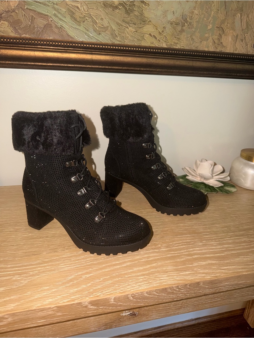 Lauren Lorraine Black Fur Cuff Lace-Up Heeled Ankle Boots